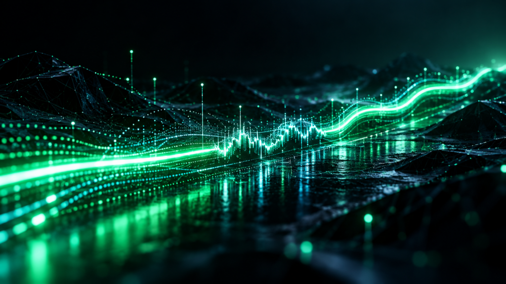 Glowing green and blue network stability data waves representing internet connection performance