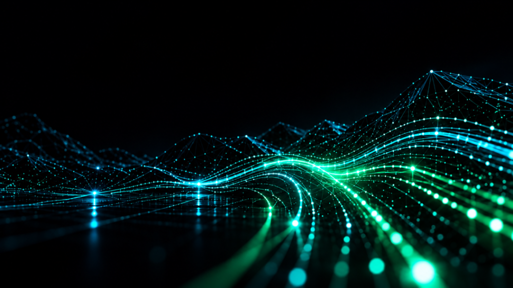 Glowing green and blue network data waves representing DNS connectivity and internet communication