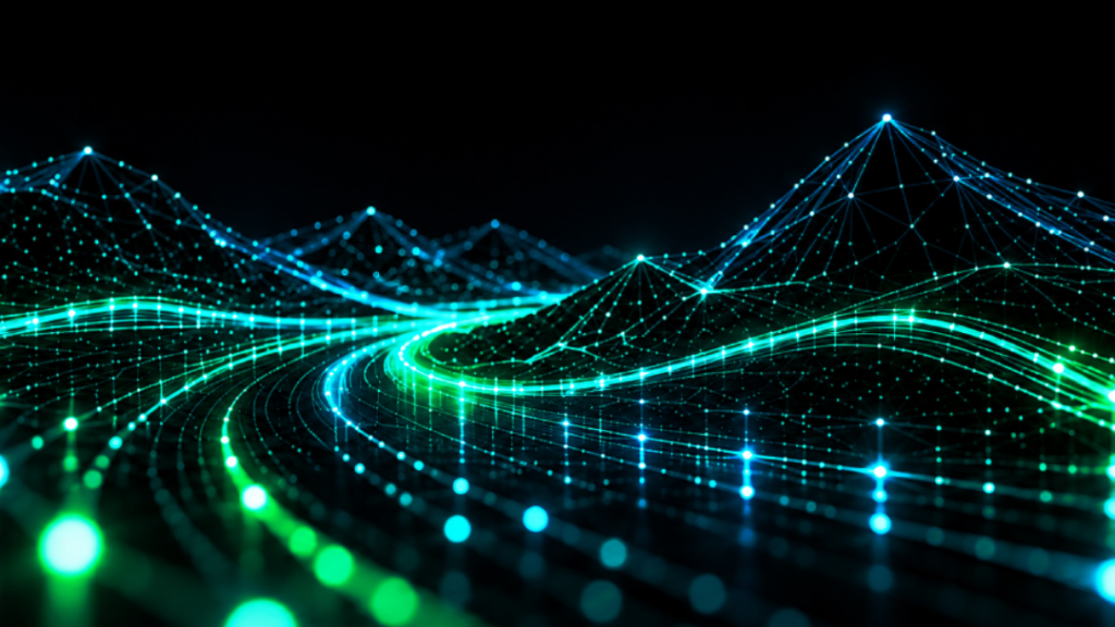 Glowing blue and green network data waves representing internet connectivity and communication between devices.
